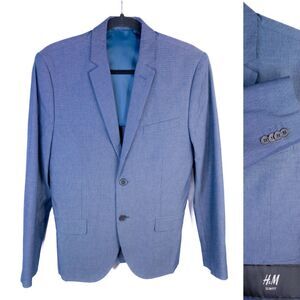 H&M Mens Blazer Jacket Size 36R SLIM Fit Blue Stretch Sport Coat Cotton 2-Bttn